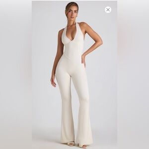 NEW (WITH TAGS) OH POLLY MODAL LACE-TRIM CUT-OUT FLARED JUMPSUIT IN IVORY